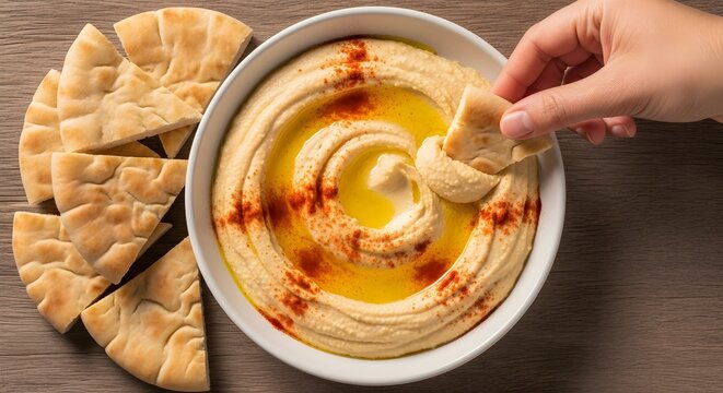 Creamy homemade hummus topped with olive oil and paprika, served in a white bowl with pita bread, overhead view.