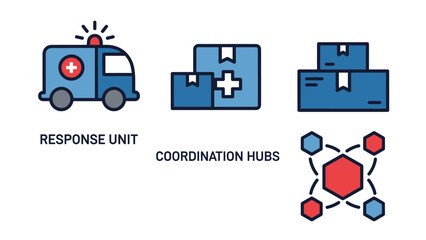 Modern illustration showcasing critical elements for effective emergency management, including swift intervention vehicles, secure distribution centers, and interconnected data flow systems