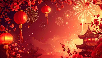 Chinese New Year Celebration with Lanterns and Fireworks