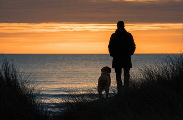 Silhouettes at Sunset: Man and Dog on Dunes