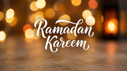 Ramadan Kareem greeting with bokeh lights and lantern.