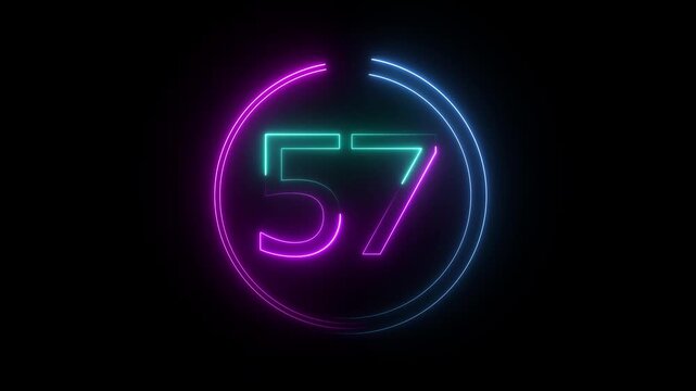 A dynamic circular animation, and glowing neon number 57 animation . on a black background. and creating a stunning video.4k video