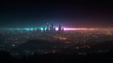 Fototapeta premium Cityscape at Dusk: A breathtaking panorama unfolds as dusk paints the metropolis with a symphony of lights. The city skyline emerges from a sea of illuminated buildings and vibrant colors.