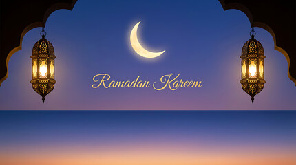 Ramadan Kareem greeting with crescent moon and illuminated lanterns at dusk.