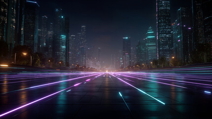 Obraz premium City Lights: Neon streaks illuminate the road, creating an urban night scene, with towering buildings against the twilight sky. 