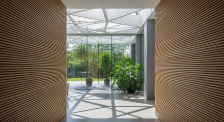 Modern architectural hallway with lush greenery and natural light streaming through skylights