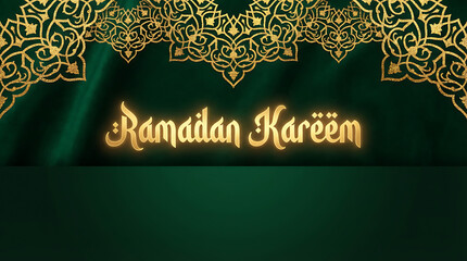 Ramadan Kareem greeting with golden Arabic calligraphy and ornate patterns on a rich green background.