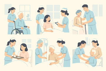 Nurses providing compassionate care to diverse patients in various hospital settings.