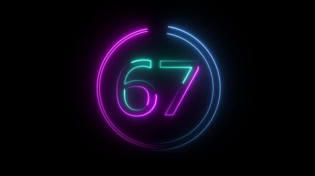 A dynamic circular animation, and glowing neon number 67 animation . on a black background. and creating a stunning video.4k video