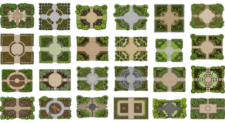 Diverse Collection of Illustrative Top-Down Garden Layouts Featuring Formal Hedges and Paths