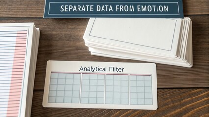 Analytical Filter Cards on Wooden Table for Data Separation and Emotional Measurement in Professional Workspace