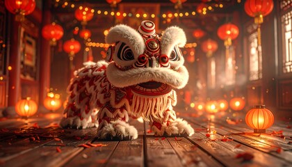 Chinese Lion Dance Statue with Lanterns, Traditional Festival Decoration