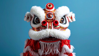 Chinese Lion Dance Costume Headwear Isolated on Blue