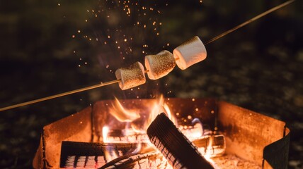 Close up of roasting marshmallows on sticks over a crackling campfire with flying sparks and smoke at night