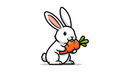 Obraz premium White cartoon rabbit holding and eating a bright orange carrot