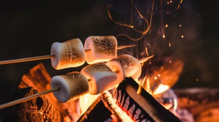 Close up of roasting marshmallows on sticks over a crackling campfire with flying sparks and smoke at night