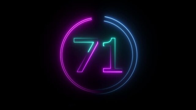 A dynamic circular animation, and glowing neon number 71 animation . on a black background. and creating a stunning video.4k video