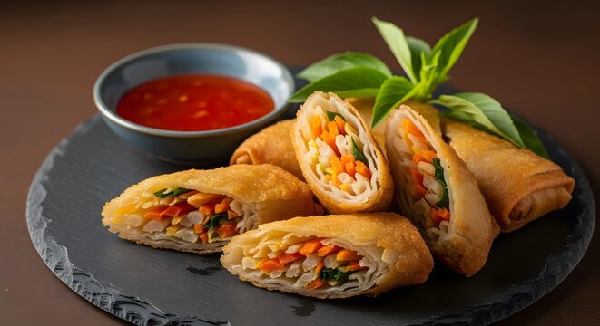 Crispy Thai Spring Rolls (Poh Pia Tod) served with sweet chili dipping sauce on a dark slate plate