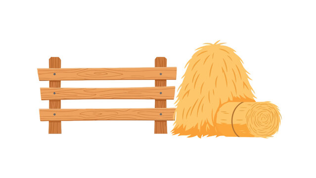 Wooden farm fence section next to a haystack and a round hay bale