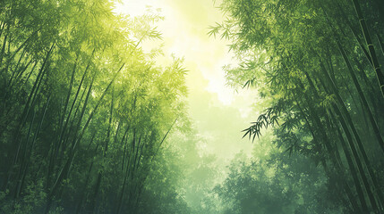 Fototapeta premium Lush bamboo forest with tall green stalks and dense leaves under soft sunlight creating peaceful and serene natural landscape full of vibrant foliage and calm atmosphere