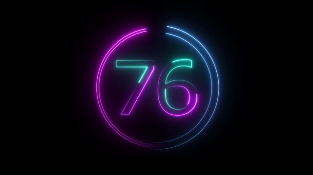 A dynamic circular animation, and glowing neon number 76 animation . on a black background. and creating a stunning video.4k video