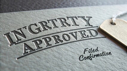 Approval Stamp on Textured Paper with Tag Representing Integrity in Business and Confirmation of Filing Processes
