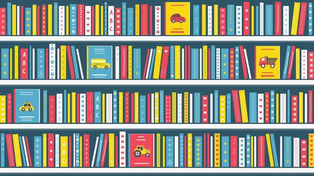 Books on the Bookshelves. Animation. Moved Shelves with Kids' Books. Seamless Looping Background. Children's books on the Shelves. Library or Bookstore Interior. Video in Blue, Yellow, Red, White