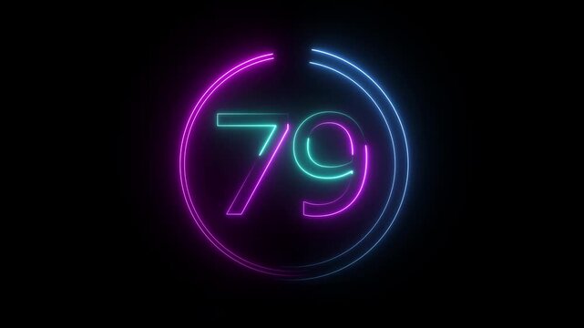A dynamic circular animation, and glowing neon number 79 animation . on a black background. and creating a stunning video.4k video