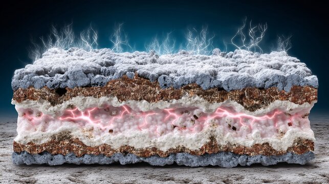 close-up of a stylized ReRAM cell structure, showing two electrode layers separated by a glowing switching material forming a conductive filament. The glow emphasizes its non-volatile state 