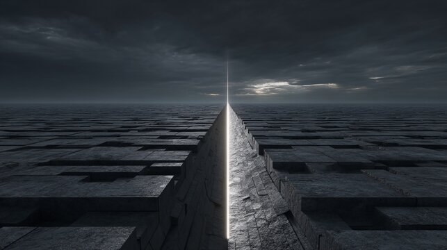 illustration of a digital timeline stretching into the future, paved with interlocking geometric tiles representing ReRAM chips, overshadowing older, faded memory types (DRAM/Flash). Highlights 