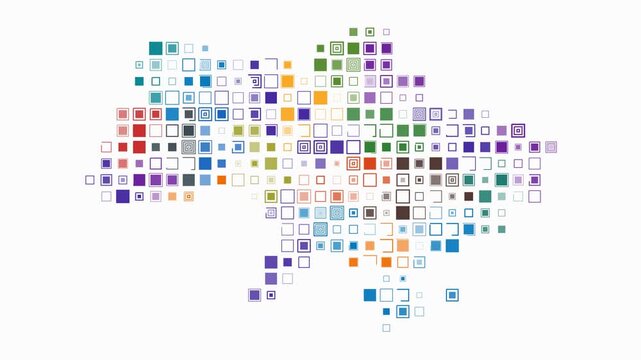 Ukraine animated country shape. Pulsating colored dots on the map of the country. Large size square blocks. Digital style Ukraine map on white background. Modern animation video.
