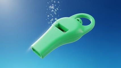 A green plastic whistle floating in clear blue water with rising bubbles.