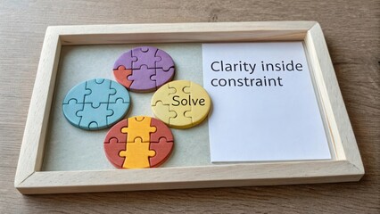 Colorful Puzzle Pieces on a Table with a Motivational Message about Clarity and Solving Challenges