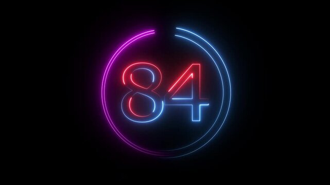 A dynamic circular animation, and glowing neon number 84 animation . on a black background. and creating a stunning video.4k video
