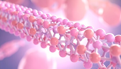 A close-up view of a structure made of connecting spheres in shades of pink and orange, with light in the background