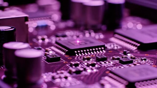 A close-up view of a circuit board with purple hue and a bright light shining on it