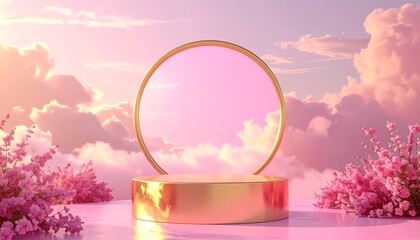 A golden pedestal with a ring element, adorned with pink flowers, set against a backdrop of pastel clouds and a soft pink sky