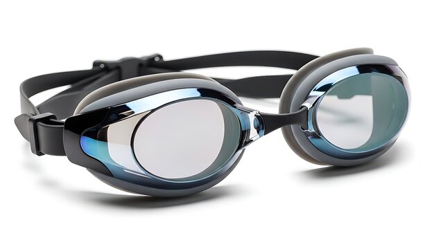 Close-up of sleek black and blue mirrored swimming goggles with an adjustable strap on a white background. - Powered by Adobe