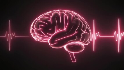 A neon-pink digital illustration of a human brain with pulsing heartbeat lines against a dark background - Powered by Adobe