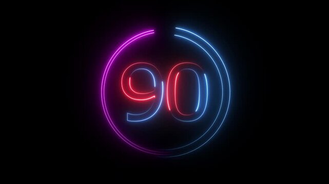 A dynamic circular animation, and glowing neon number 90 animation . on a black background. and creating a stunning video.4k video