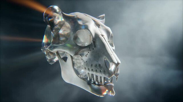 A futuristic metallic wolf skull with glowing eyes.