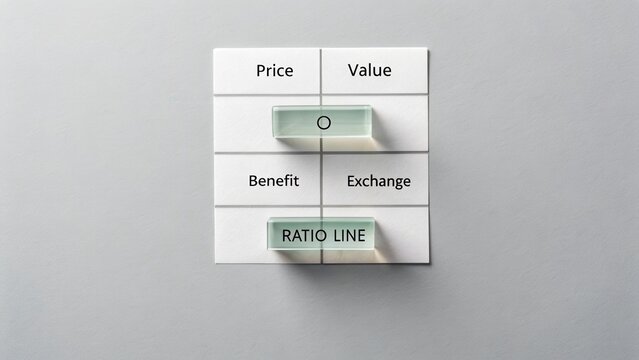 Conceptual representation of price value relationship with ratio line, benefit and exchange on white background