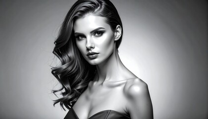 A grayscale studio portrait captures a woman with flowing, styled waves and a striking stare. She has expertly applied makeup and wears a strapless garment