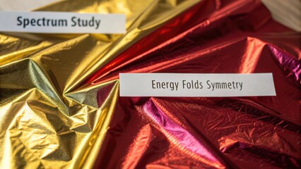 Colorful metallic study of spectrum with text labels energy folds symmetry and vibrant golden red background effects