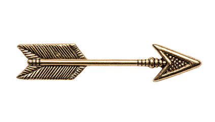 Single golden arrow with detailed feather fletching lying diagonally on white surface, close-up archery equipment photography