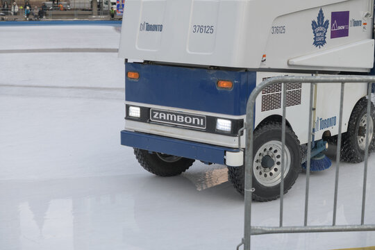 front of a Zamboni ice resurfacer at Nathan Phillips Square, City Hall, Toronto