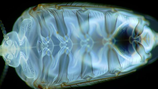 Transparent insect underside macro on black background, showcasing intricate biological details, perfect for science or education