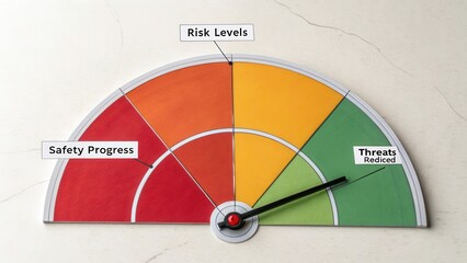 Colorful Risk Meter with Indicators for Safety Progress, Threat Levels, and Risk Assessment on a Light Background