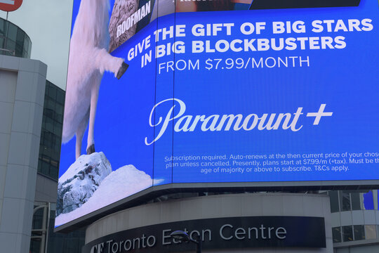 Paramount+ online streaming service digital billboard near Sankofa Square, Toronto
