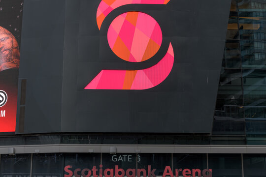 corporate logo of Scotia Bank (Bank of Nova Scotia) on the exterior of Scotiabank Arena, 40 Bay St, Toronto (Maple Leaf Square entrance)